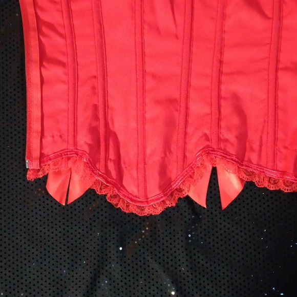 Lace Ruffled Very Red Satin Corset With Bows, Lace Up Back & Side Zipper (M) - Picture 16 of 16